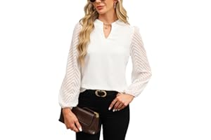 Atxnn Chemise Femme Hauts col V Chic Blouse Longues Manches Découpées en Dentelle, Elegant Chiffon Top Bubble Sleeve Casual Chemisier