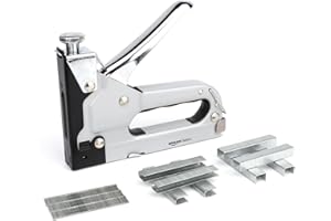 Amazon Basics Agrafeuse ultra robuste - 3 en 1 avec 600 agrafes, pour tissus d’ameublement, réparations de la maison, menuiserie, décoration et mobilier, Noir,Argent