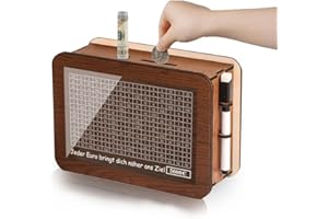 KJSXUUE Spardose aus Holz mit Zähler 5000€– Wiederverwendbare Retro Sparbüchse – Sparbox mit Zahlen zum Ankreuzen, inkl. Marker – Perfekt für individuelles Sparziel und Aufbewahrung (braun, 5000)