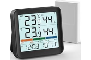 VOCOO Termometro per Interni ed Esterni Igrometro Monitor di Umidità Misuratore di Temperatura Digitale Stazioni Meteo con Retroilluminazione LCD Orologio Data Valore Min/Max Indicatore di Comfort