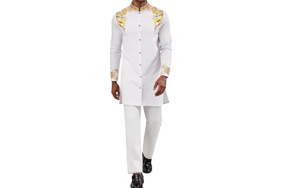 ZSJR Mens Long African 2 Piece Set Nigerian Dashiki Metallic Traditional Suit Gold Stamp Printed Shirt and Pants Outfit