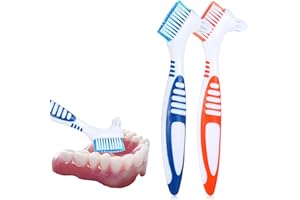WLLHYF Prothesenbürste Doppelborstenkopf mehrschichtige Borsten weichen Borsten Zahnersatzbürste für die Reinigung von Künstlichen Zähnen Zahnersatz Zahnprothesen Gebiss Retainer(Blau/Orange), 2 Stück