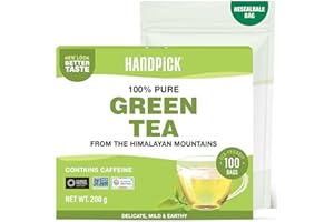 HANDPICK, Thé Vert, 100% Pur de l'Himalaya - 100 Sachets Ronds Écoresponsables - Non-OGM - Feuilles de Thé Verte 100% Pures - Mélange Caféiné - Scellé Sous Vide