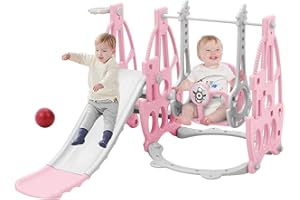 FUKEA Kids Slide, 4-in-1 Toddler Slide and Swing Set with Basketball Hoop Garden Climbing Frames, Slide for Toddlers Age 1-3 Indoor & Outdoor, Garden Slides for Kids(baby Pink)