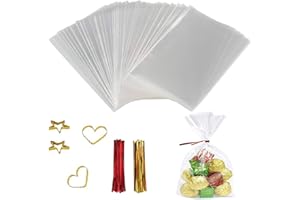 OMBRISA Bolsas Celofan Transparente 10x15cm, 200PC Bolsas para Chuches con 200 Lazos Retorcidos, Bolsas Plastico Pequeñas para Rellenar Repostería Bollería Galletas Dulces Postres Regalos (10x15)