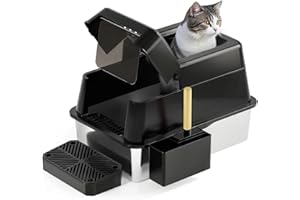 FRETONBA Kuweta dla kota ze stali nierdzewnej XXL Flip Top, toaleta dla kota o dużej pojemności 26 l, łatwa do czyszczenia, kuweta dla kota z pokrywką, pedałem, szufelką, czarny