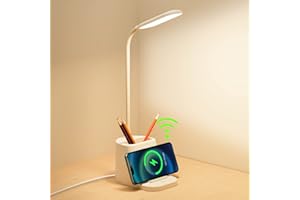 YAMYONE Lampa biurkowa LED z bezprzewodową ładowarką, lampa stołowa z uchwytem na długopis, 3 kolory o zmiennej jasności, lampa studyjna z łabędzią szyją (bez adaptera, potrzebny jest adapter 5V3A)