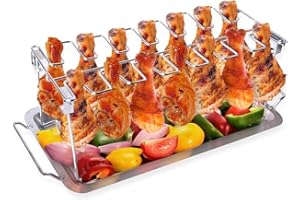 KNOWING Griglia per Ali di Pollo, Supporto Griglia Pollo Acciaio Inossidabile, con Vaschetta di Raccolta per Grigliare, Supporto per Griglia e Barbecue, Appeso Fino a 14 Cosce Pollo, per i Picnic in Campeggio