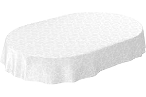 ‎ANRO ANRO Wachstuchtischdecke Wachstuch abwaschbar Tischdecke Blumen Einfarbig Uni Weiß Reliefdruck Damast Oval 180x140cm eingefasst