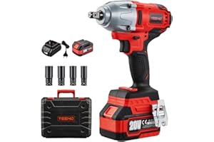 TEENO Llave de Impacto Inalámbrica Brushless 1/2" 600Nm, Inalámbrica con 1 * 4000 mAh Baterías,Pistola de impacto con 4 Enchufes, Llaves de Impacto Inalámbricas para Automoción y uso Doméstico.