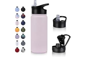 UMBFUN Edelstahl Trinkflasche - 500ml - mit Strohhalm,Auslaufsicher,Kohlensäure Geeignet,BPA frei Thermosflasche(+2 Deckel) Vakuum Doppelwandisolierung für Sport,Reisen,Camping,Schule,Fahrrad,Gym