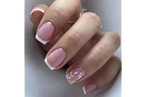 TMUT 24pcs Square False Nails French Tip, Short Stick on Nails Nude Pink Glitter Press on Nails White Leaf Pattern Removable Glue-on Nails Full Cover Fake Nails Women Girls Nail Art Accessories
