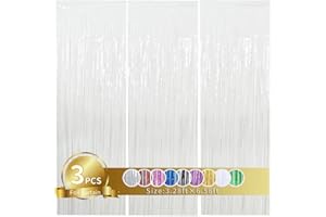 TONIFUL Pack of 3 White Metallic Tinsel Curtains, Tinsel Foil Curtain Foil Fringe Curtain for Wedding, Engagement, Bridal Shower, Birthday, Bachelorette Party, Stage Decoration