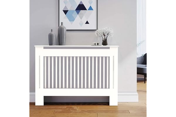 Högelementskydd träskåp: Extern 92 cm höjd vit medium värmare täcker inre höjder 90 cm eller 91 cm vertikala lameller moderna höga kylarhyllor tjock MDF trä kök sovrumsskåp