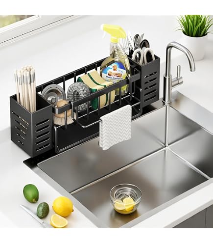 Portalavello Da Cucina Montato A Parete, Scolapiatti Per Utensili Da Cucina Organizer Per Lavello Sospeso Con Vassoio Di Scarico 92610078