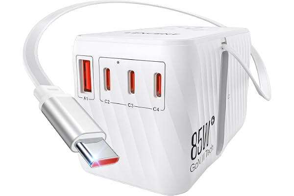 LENCENT 85W Adaptateur Voyage Prise Universelle 3 Type C et 1 USB A Charge Rapide avec Câble USB C rétractable pour Téléphone Tablette PC, Prise Internationale GaN pour UK AU USA Canada Mexique Blanc