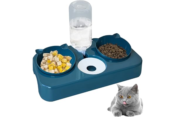 Gamelles , Bowl Automatici Abreuvoir Pet Gatii Para Deau et de Nourriture Distributeur Parfait Inclinable Cou de Protection pour Chat Chen(Bleu)