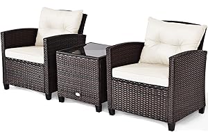 COSTWAY 3 Pieces Patio Rattan Bistro Set, Metal Frame Garden Coffee Table and Sofa Chairs Set with Cushions, Outdoor Furniture Wicker Conservatory Set for Balcony Yard Terrace Poolside (White)