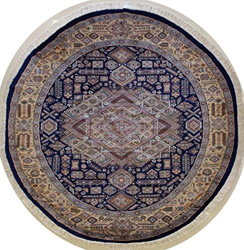 7'5 x 7'7 Caucasian Area Rug with Silk &amp; Wool Pile - | a 7x8 Round Rug | An Authentic Hand Knotted Caucasian Design Rug