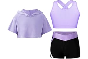 CHICTRY Kid Girls 3 Pieces Dance Outfit Gymnastics Hooded Crop Top Sleeveless Camisole and Shorts Set Tracksuit
