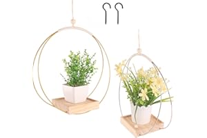 Mailfull 2 Pièces Pot Suspendu Plante Interieur Métal Or Suspension Plante avec Base en Bois Crochet de Inclus pour Plantes de Petite à Moyenne Taille