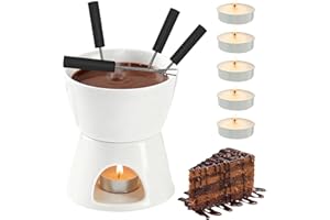 Dongcill Service à Fondue Au Chocolat,Tasses à Fondue Au Chocolat,Bol en Céramique avec 4 Fourchettes et 5 Bougies Chauffe-Plat - Fondoir pour Chocolats et Fromage - Fondue en Céramique
