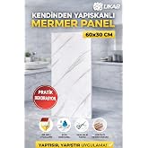UKAB DEKOR 30X60Cm Dekoratif L&uuml;ks Kendinden Yapışkanlı Esnek K&ouml;p&uuml;k-Pvc Beyaz Mermer Panel Banyo Wc Mutfak p016 Beyaz-d 30 x 6