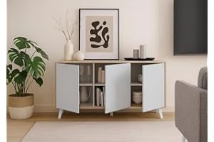 Dmora - Credenza Weddell, Buffet da Soggiorno, Madia da Salotto, Dispensa da Cucina, 154x40h72 cm, Rovere e Bianco