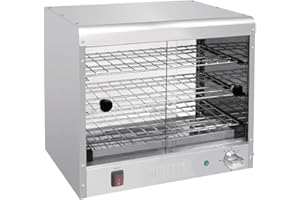 Buffalo 350W Pie Cabinet, 30 Pie Capacity, Stainless Steel, Pie Pastry Benchtop Warmer Holder, Sliding Glass Doors, Warming Function Only, 30° to 90°C, Size: 433(H) x469(W) x363(D) mm, CJ558
