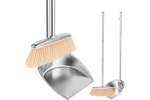 Fyeme Kehrschaufel und Besen Set Besen und Kehrschaufel Set mit Langem Stiel 118 cm Besen mit Kehrschaufel Drehbar Edelstahl Metall Besen Set für Schlafzimmer Wohnzimmer (runden)