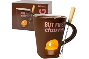 Fisura – Taza fondue chocolate original. Fondue de queso con taza y tenedor. Taza marrón con mensaje “but first churros” para fondue. Taza original para regalo. 140 mililitros