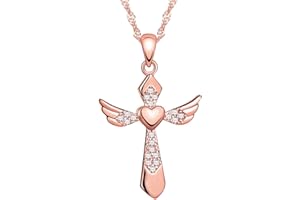 Yumilok Jewelry 925 Sterling Silver Cubic Zirconia Rose Gold Plated Heart Cross Angel Wings Pendant Necklace for Women/Girls