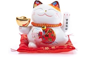 lachineuse - Chat Maneki Neko - Statuette Chat Japonais Porte Bonheur - Bras Mobile - Objet Kawaii Déco - Lucky Cat Porcelaine - Chat Chinois Asie Décoration - Chance, Bonheur, Fortune