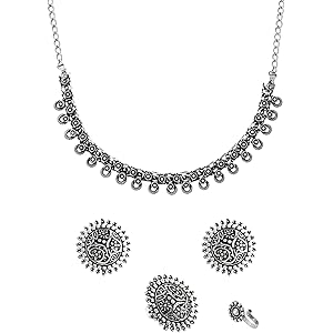 Yellow Chimes Oxidised Necklace Set For Women And Girls German Silver Oxidised Designed Ethnic Jewellery Choker Necklace Set For Women And Girls