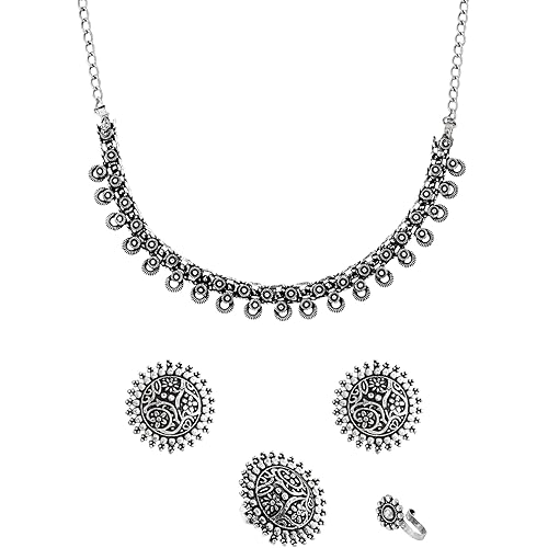 Yellow Chimes Oxidised Necklace Set For Women And Girls German Silver Oxidised Designed Ethnic Jewellery Choker Necklace Set For Women And Girls