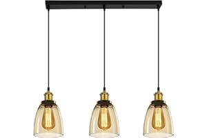 FORCOSO 3-Light Glass Pendant Lights - Vintage Pendant Lighting Ceiling with Cognac Glass Lampshade, Adjustable Height Pendant Fixture for Living Room Kitchen Island Dining Room Hallway - NO Bulbs