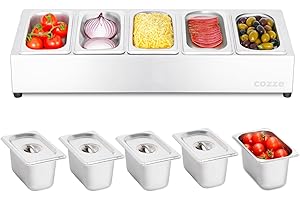 cozze® Pizza Toppingstation – Edelstahl Zutatenbehälter mit Deckel für Pizzabeläge – Professionelle Pizza Belegstation mit 5 Fächern – Pizza Zubehör für Küche und Gastronomie