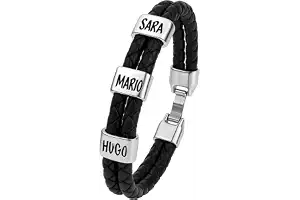 Pulsera con Nombres Personalizada. Piezas Baño Plata y Cuero Auténtico Español. Tallas a Personalizar. Modelo Unisex. Varios Colores. Pulsera con Nombres. Estuche Terciopelo Incluido.