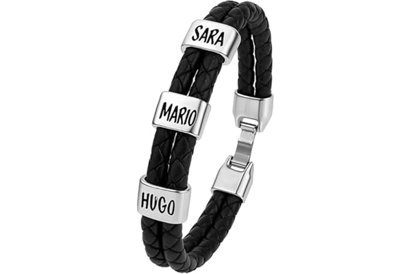 Pulsera con Nombres Personalizada. Piezas Baño Plata y Cuero Auténtico Español. Tallas Personalizables. Varios Colores. Pulsera Hombre con Nombres. Estuche Incluido. Modelo (Trenzado Doble Negro)
