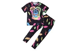 KONFEN Conjunto Ropa Niña 2 Piezas, Tie-dye Hip Hop Top Manga Corta + Pantalones, Top e Pantalones Jogger Deportivo Ropa Street Dance Verano Otoño para Niña 6 a 11 Años, Negro/Morado/Rosa y Azul
