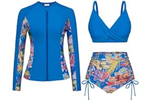 JASAMBAC 3-Piece Rash Guard Swimsuits for Women UPF 50+ Ladies Swimming Costumes with Push UP Bikini Top & High Waist Bikini Bottom Zip Swimwear Surf Suit Floral Bathing Suit