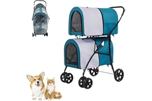 WRUIOY Double Pet Stroller with Raincoat Detachable Carriers Storage Pocket Lockable 360° Lightweight Wheel Waterproof Folding Crate with Soft Pad for Small Medium Dogs Blue