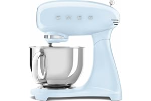 Smeg, Robot sur Socle SMF03PBEU, 10 Niveaux de Vitesse, Fonction Mise en marche progressive, Bol 4,8 L, Verrouillage Moteur de Sécurité, 3 Batteurs, Crochet et Couvercle Fournis, 800W, Bleu Azur
