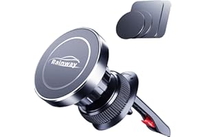 RAINWAY Support Telephone Voiture Magnetique, 8 Aimant avec Pince à Crochet, Rotation 360° , Fixe avec 4 Plaque de Métal