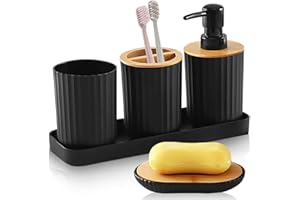 Cnwinu Plastic Black Bathroom Accessories Set,Toothbrush Holders For Bathroom,With Soap Dispenser,Bathroom Toothbrush Holder Set,Bathroom Soap Dispenser Set With Soap Dish,Desktop Tray,Bathroom Decor