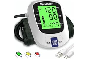 SPINEGEAR Rechargeable Blood Pressure Monitor for Home Use, Fast Charging Blood Pressure Machine, NHS CE Approved UK BP Device, 22-42cm Upper Arm Cuff with 3 Color Backlight & Voice Broadcast