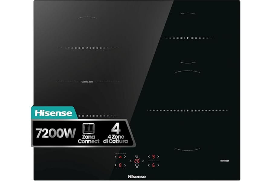 Hisense HI621FM Induction Hob 60 cm, 4 Zones with Connect Zone, Power Boost, 7200W, Touch Control, Timer and Residual Heat Indicator, Black Glass Ceramic