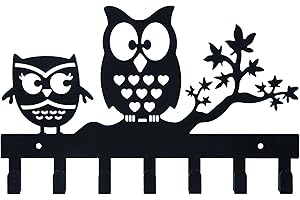 FairyCity Metal Vintage Owl Keys Hook - Home Decor Key Hanger with 7 Hooks, Black/Owl