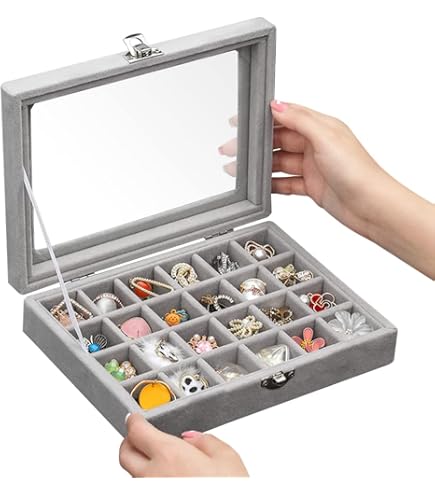 Yudu Schmuckkasten Schmucklade Schaukasten Schmucktablett Schmuckbox Glasdeckel Grau Versch Ausfuehrungen Echtglas Deckel Velours Bezug Verschliessbar S0j5x0xr