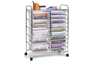 KOMFOTTEU Chariot de Rangement à 15 Tiroirs, Meuble Tiroir à Roulettes verrouillage, Chariot en Plastique, Organisateur pour Bureau, Salle de Bains, Salon (Transparent)